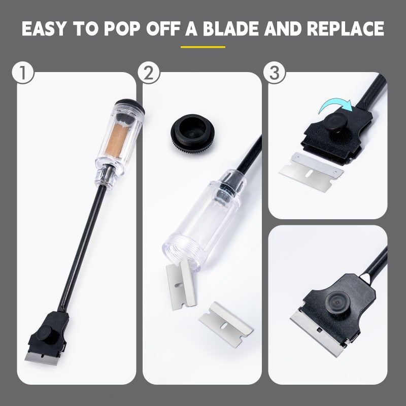 FOSHIO Multi-Purpose Window Tint Removal Tool Set with Long Handle Razor Blade Scraper, Retracted Metal Razor, Mini Plastic Scraper, Microfiber Cleaning Cloth, 20 Bonus Razor Blades - Image 3